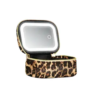 Women's Compact Smooth Leopard Print Makeup Bag, 3-Color Smart Light Modes HD Mirror Travel Makeup Case, Organized Storage for Daily & On-the-Go Use, Perfect Mother's Day Gift