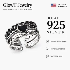 S925 Sterling Silver Black Heart Double Layer Open Ring - Gothic Vintage Crown & Heart Band with Black Enamel, Hypoallergenic Adjustable Ring for Sensitive Skin, Witchy Dark Academia Jewelry for Occult Rituals & Grunge Aesthetic