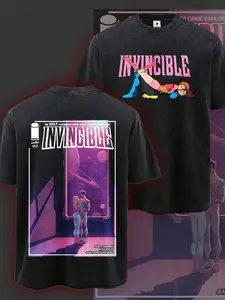 Vintage Washed Invincible Comic Graphic T Shirt Double Sided Printed Retro Mark Grayson Atom Eve Cover Design Crew Neck Short Sleeve Top Casual Streetwear Soft Breathable Cotton Trendy Urban Apparel for Men Women Anime Fans