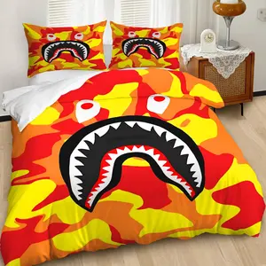 Vibrant Shark Head Graphic Duvet Cover Set, Streetwear-Inspired Bedding Set with Bold Camouflage Design, Perfect for Modern Bedroom Décor and Stylish Home Upgrade. (1* Quilt Cover + 1/2* Pillowcases, Pillow Not Included)