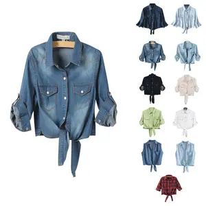 Naeduo Women's 3/4 Sleeve Denim Crop Top Tie Knot Shirt Cardigan Naeduo Women's 3/4 Sleeve Denim Crop Top Tie Knot Shirt Cardigan