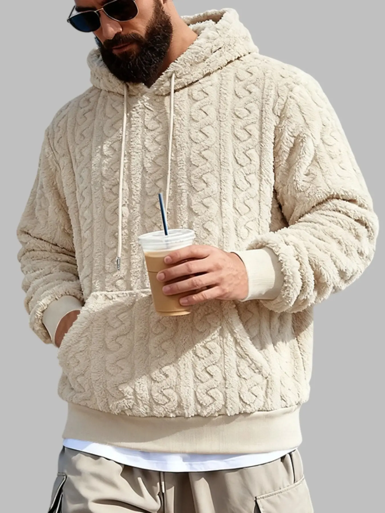 Men's Winter Fleece Hooded Sweatshirt, Teddy Velvet Jacquard Trendy Fashion, Loose Fit Large Size, Long Sleeve, Polar Fleece Fabric, Casual Style, Fleece Sweatshirts, Hoodie Tops