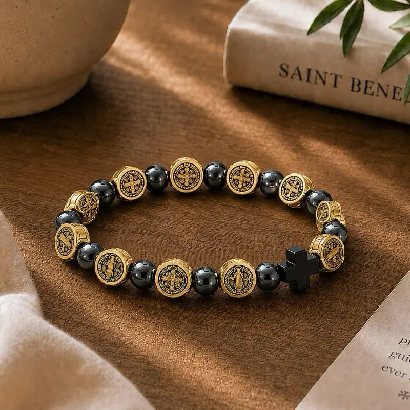 Catholic Rosary Bracelet for Female - Classic, Elegant, Casual, Formal Religious Costume Jewelry with St. Benedict Medal, Cross, Hematite Beads