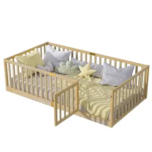 Twin Size Floor Bed with High Fence Railings, with Door, Rubber Wood Floor Bed with Safety Guardrails,Natural，Twin/Full Size Montessori Floor Bed for Kids, Solid Wood Bed Frame with Fence, Door & Safety Guardrails, CPC Certified