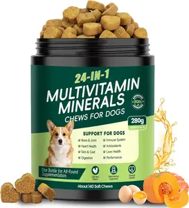 24-in-1 Dog Vitamins and Supplements, Dog Multivitamin Chewable with Chondroitin Probiotics Omega-3 Glucosamine for Dogs Skin Coat Hip and Joint Heart Gut Liver Brain Eye Immune Support, 140 Chews