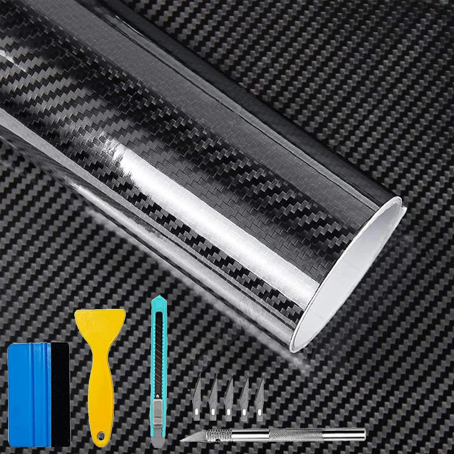6D Black Carbon Fiber Vinyl Wrap Including Tool Kits, High Glossy Black Car Vinyl Film Roll, Air Release Technology Auto Accessories Wrap Car Moto DIY Interior Exterior 1ft x 10ft
