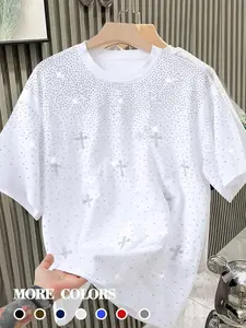 Men's Vintage Rhinestone Cross Pattern Streetwear Short Sleeve T-Shirt, Fitted Fashionable Trendy Unique Design, Spring Summer Casual Wear