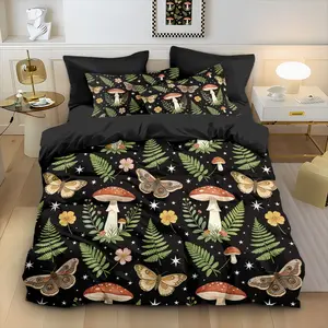 3-piece quilt cover set (1 quilt cover +2 pillowcases, coreless) Diablo mushroom butterfly quilt cover with black background fern print soft and comfortable bedding, suitable for all rooms
