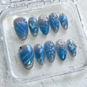 [Frozen Petals] Short Almond Handmade Press on Nails, Fake Nails with Nail tool kit with Jelly Stickers, Reusable, Durable