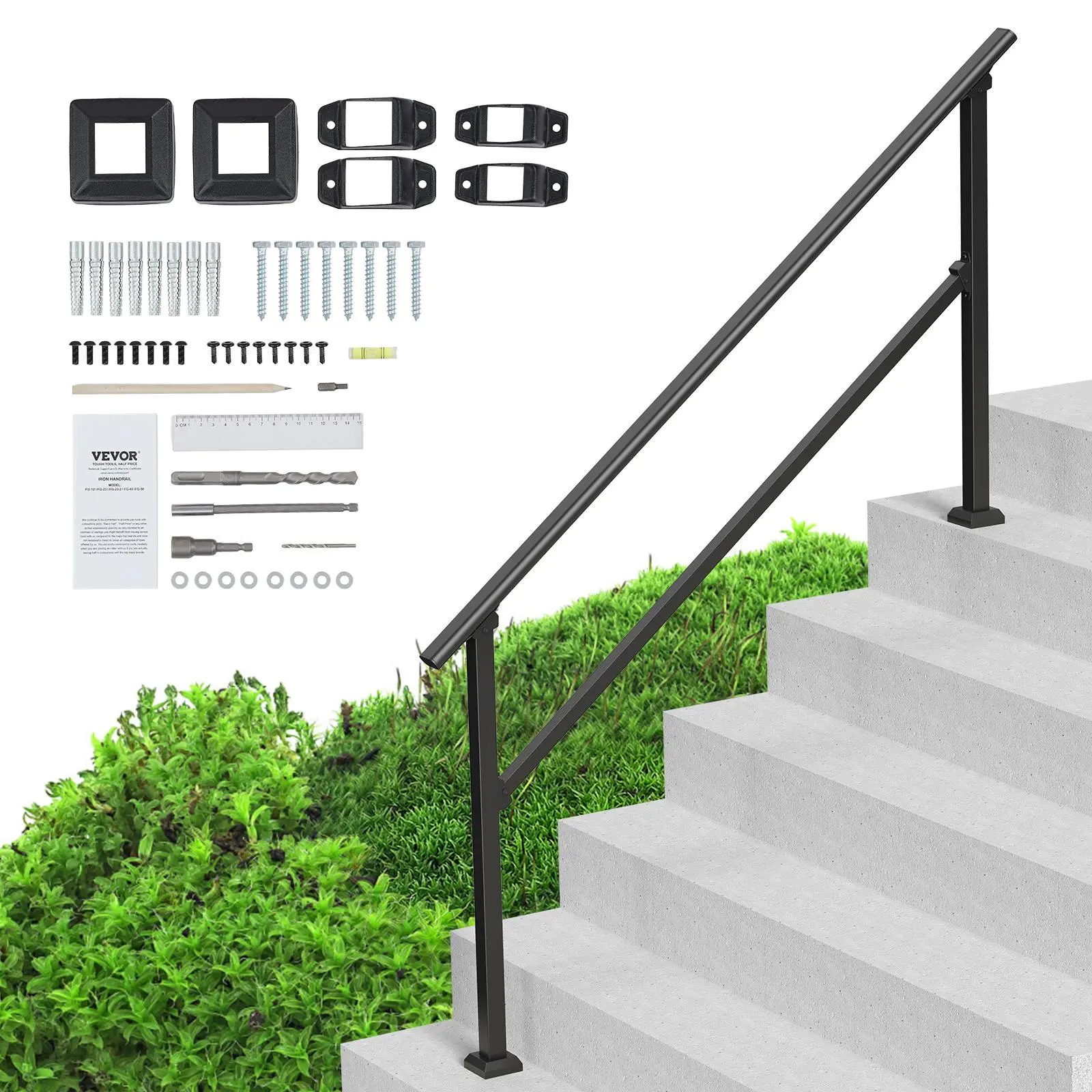 【SummerFinds】VEVOR Handrails for Outdoor Steps,  , 5-6 Step Stair Hand Rail Kit, Transitional Carbon Steel Railings with Installation Kit, Stair Rails for Seniors, Concrete Steps & Porch & Deck, Black Square Tube