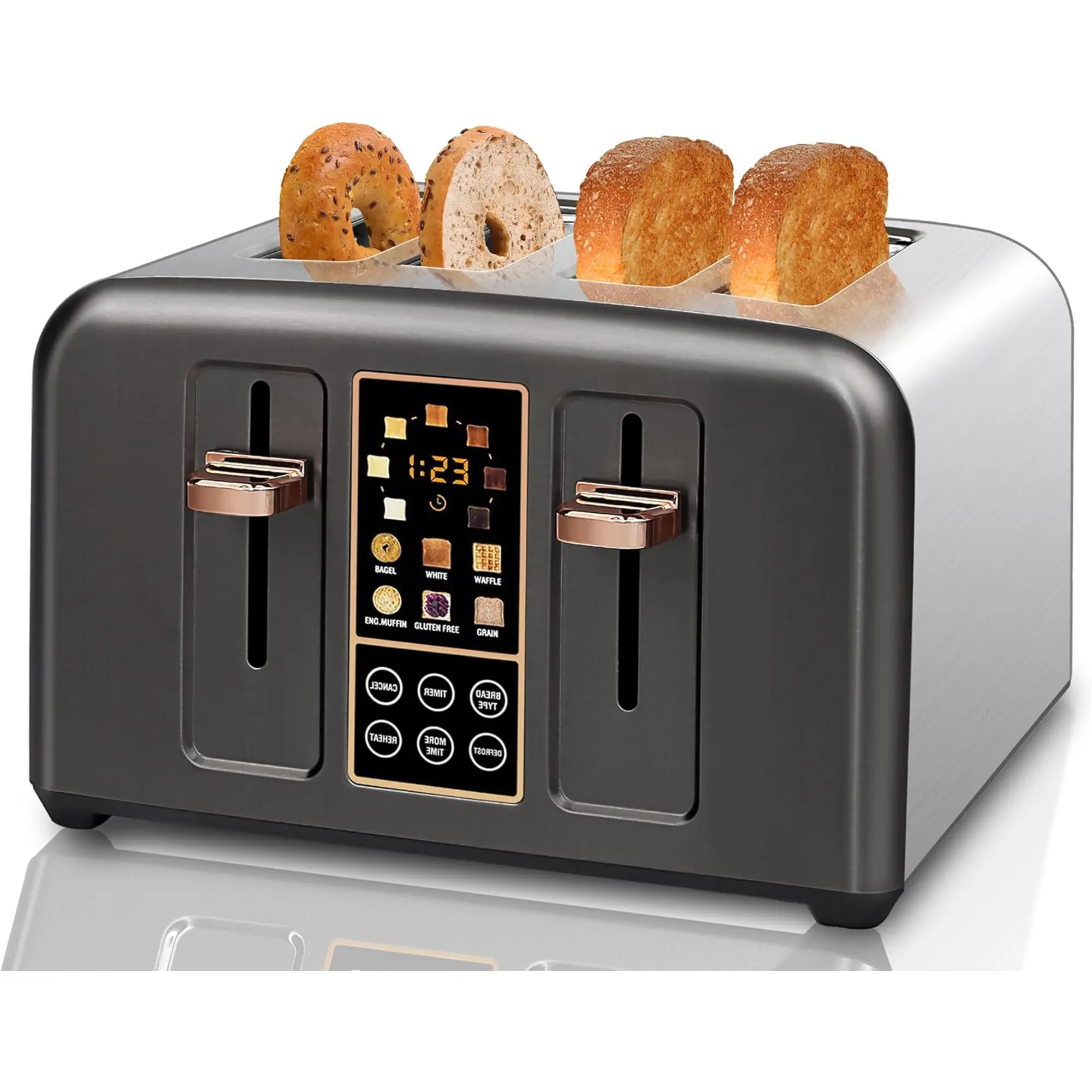 Dark Metallic Toaster 4 Slice, Stainless Toaster & Touch Control, LCD Display, 6 Bread Type, 7 Shade Settings, 1.5'' Wide Slots, Cancel/Defrost/Reheat, Removable Crumb Tray, 1800W Dark Metallic Toastie Maker Appliances