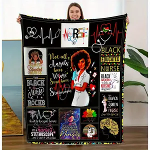 Reversible Nurse Theme Blanket - Black Educated Nurse Life Theme, Machine Washable Polyester Knit, Vibrant Digit Printing with Medical Symbols and Inspirational Quotes, All-Season Comfort Parabolic for Nursing Appreciation, Birthday, Christmas Gift, All-S