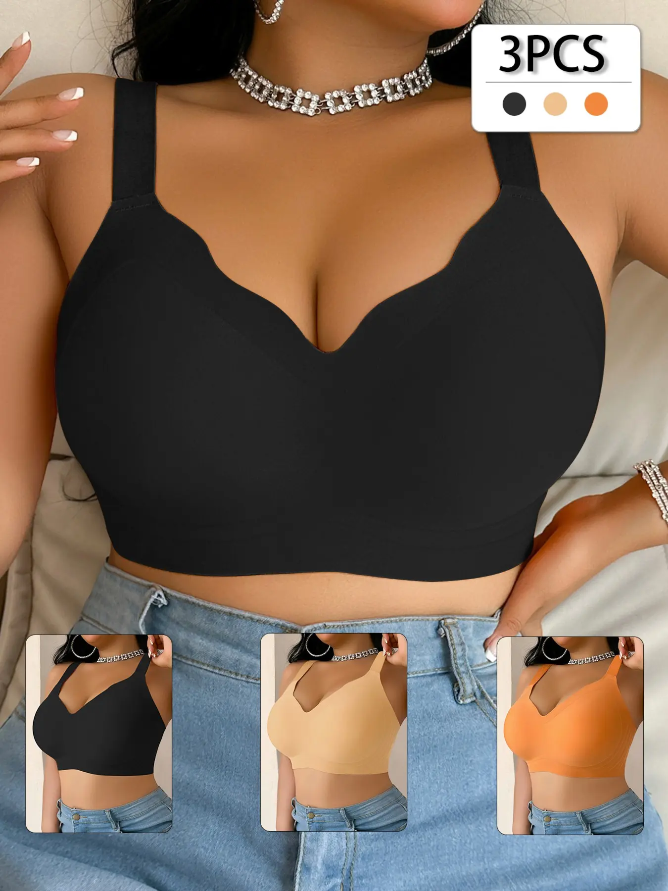 3PCS Women's Seamless Jelly Straps Soft Support Bras, Gathered Lift Micro-Shaping Anti-Sag Plus Size No Underwire Bras, Adjustable Strap, Underwear