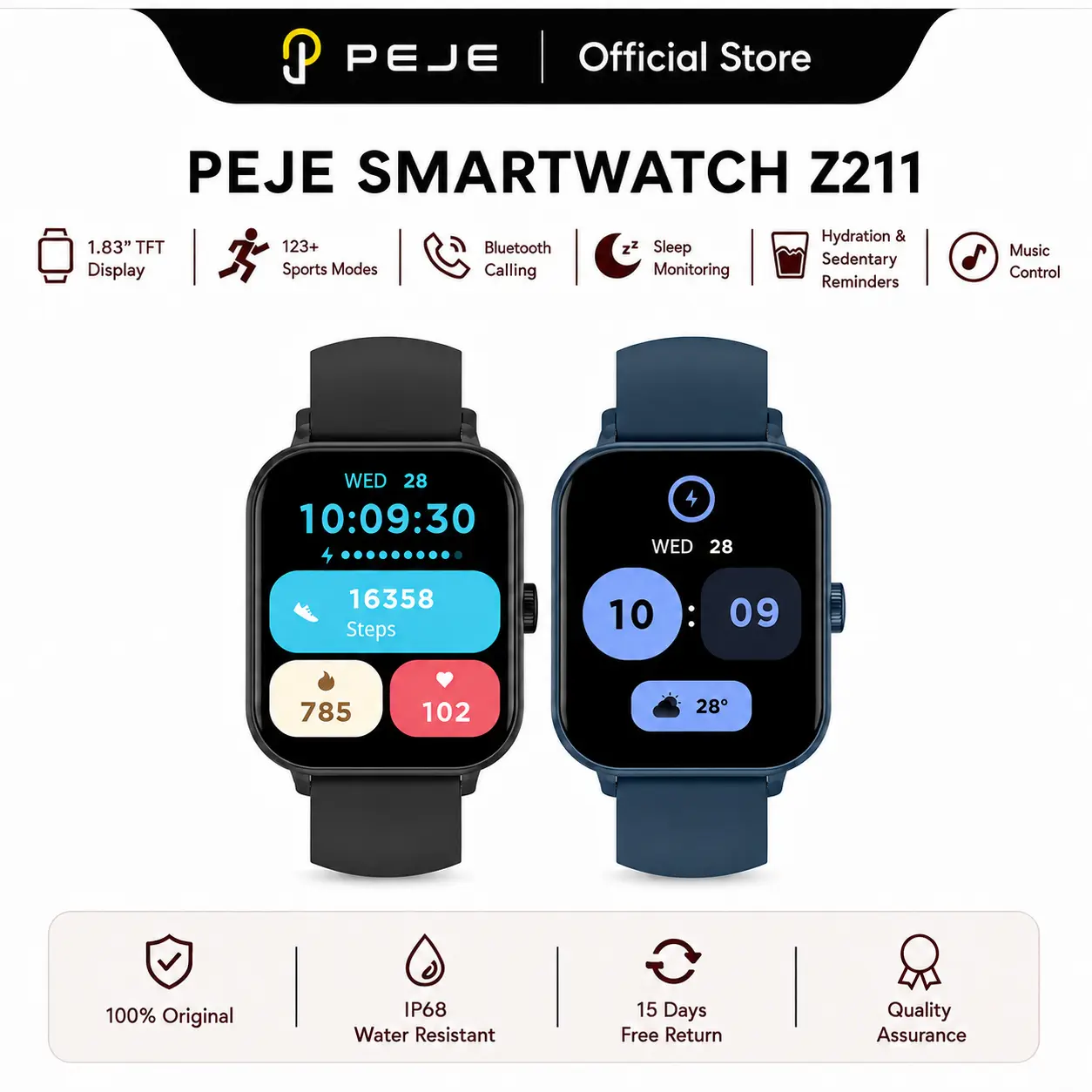 PEJE Z211  Smart Watch, 1.83-in Touch Screen Wearable Device with Bluetooth Call, AI Voice Assistant, 123 Sports Modes, Heart Rate Monitoring, Hydration Reminder, Sleep Tracking, IP68 Water Resistance for iOS & Android,work