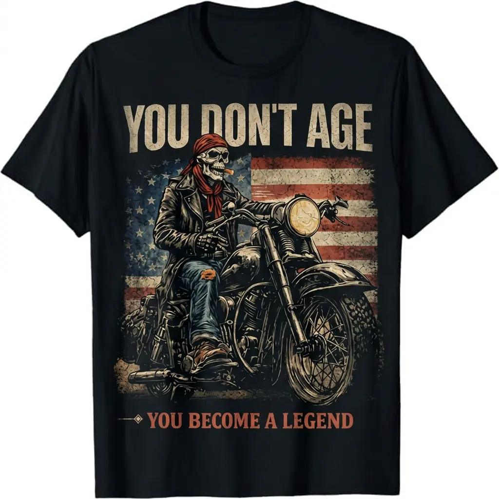 Patriotic Biker Shirt, American Skull Rider Tee, Vintage Motorcycle Graphic for Men