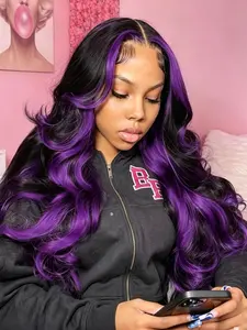 Black Purple Highlight Wig 13x4 Lace Front Wigs Body Wave Skunk Stripe Highlight Wig HD Transparent Lace Frontal Wig Free Parting Pre-Plucked Natural Hairline Heat-Resistant Synthetic Wig for Women Daily Wear Festival Party 28 Inches