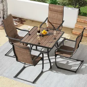 5PCS Patio Dining Set with Faux Wood Top, Padded Textilene C-Spring Chairs