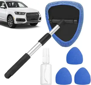 Windshield Cleaning Tool, Microfiber Car Window Cleaner with 4 Reusable and Washable Microfiber Pads and Extendable Handle