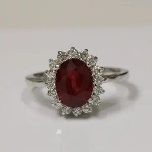 Ruby Oval and Diamond Halo Ring - (14k White Gold)- R64603RERB