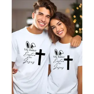 Bunny letter pattern letter couple shirtt, cross, Happy Easter, Easter Couple Shirt, Family Shirt, Fun Couple Shirt, Holiday Shirt, Easter Print, Lovely Couple Shirt, 220g, Medium Thickness, Suitable as Gift for Men and Women