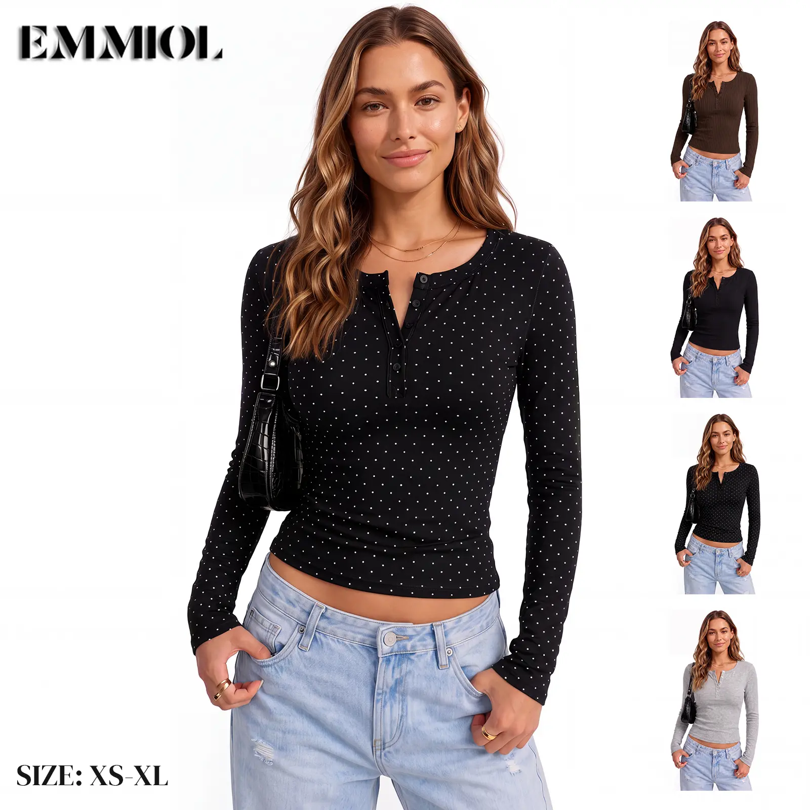 EMMIOL【Back to School】Women Polka Dot Henley Long Sleeve Crop Top, Slim Fit Button V‑Neck Y2K Fitted Casual Basic Tee Fall Going‑Out Tops