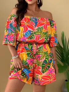 New Floral One-Piece Pants, Casual Off-Shoulder Short Sleeve Shorts, Women's Printed Shoulder-Revealing Dress, Trendy Fashion Apparel, Bohemian, Boho Casual Jumpsuit