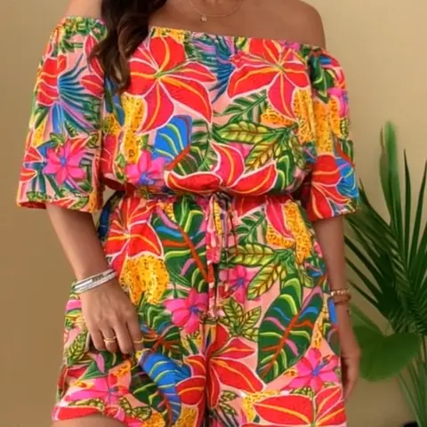 New Floral One-Piece Romper, Women's Tropical Printed Off-Shoulder Short Sleeve Loose Romper, Trendy Fashion Apparel, Fashionable Boho Bohemian Style Short Jumpsuit, Casual Comfy Jumpsuit, Summer Casual Outfit