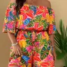 New Floral One-Piece Romper, Women's Tropical Printed Off-Shoulder Short Sleeve Loose Romper, Trendy Fashion Apparel, Fashionable Boho Bohemian Style Short Jumpsuit, Casual Comfy Jumpsuit, Summer Casual Outfit