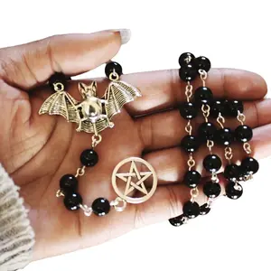 Women’s Dark-Style Gothic Alt Alternative Bead Necklace, Long Sweater Chain with Vintage Bat, Pentacle & Baphomet Sigil Pendants, Statement Costume Jewelry for Men, Bead Necklaces, Alt Necklaces