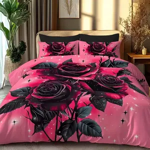 3-piece romantic Valentine's Day rose blossom bedding set, including 1 duvet cover and 2 pillowcases (unfilled) made of polyester material, comfortable all year round
