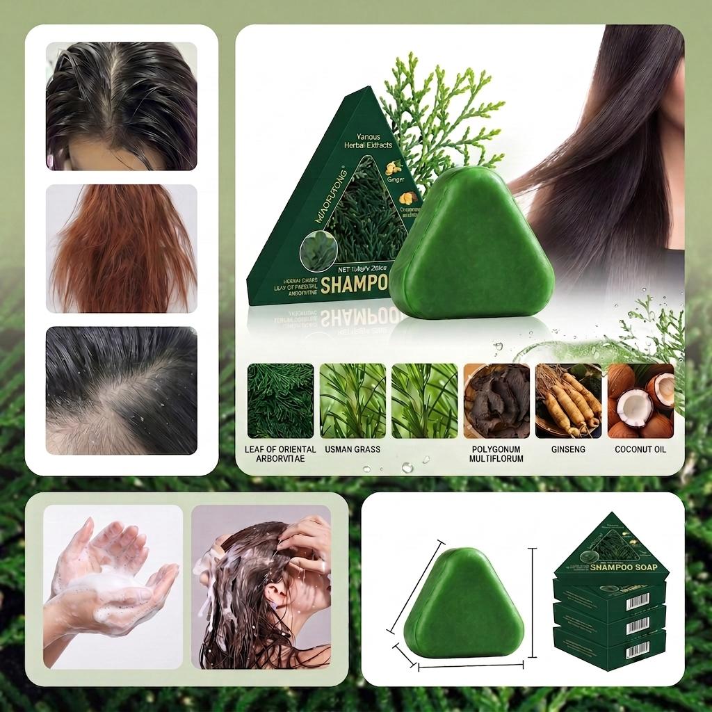Nature Triangle Shampoo Bar Nature Seven Green Soap Shampoo Usman Grass for Healthy Hair Growth Calming Strengthens Hair Reduces Loss for Women & Men