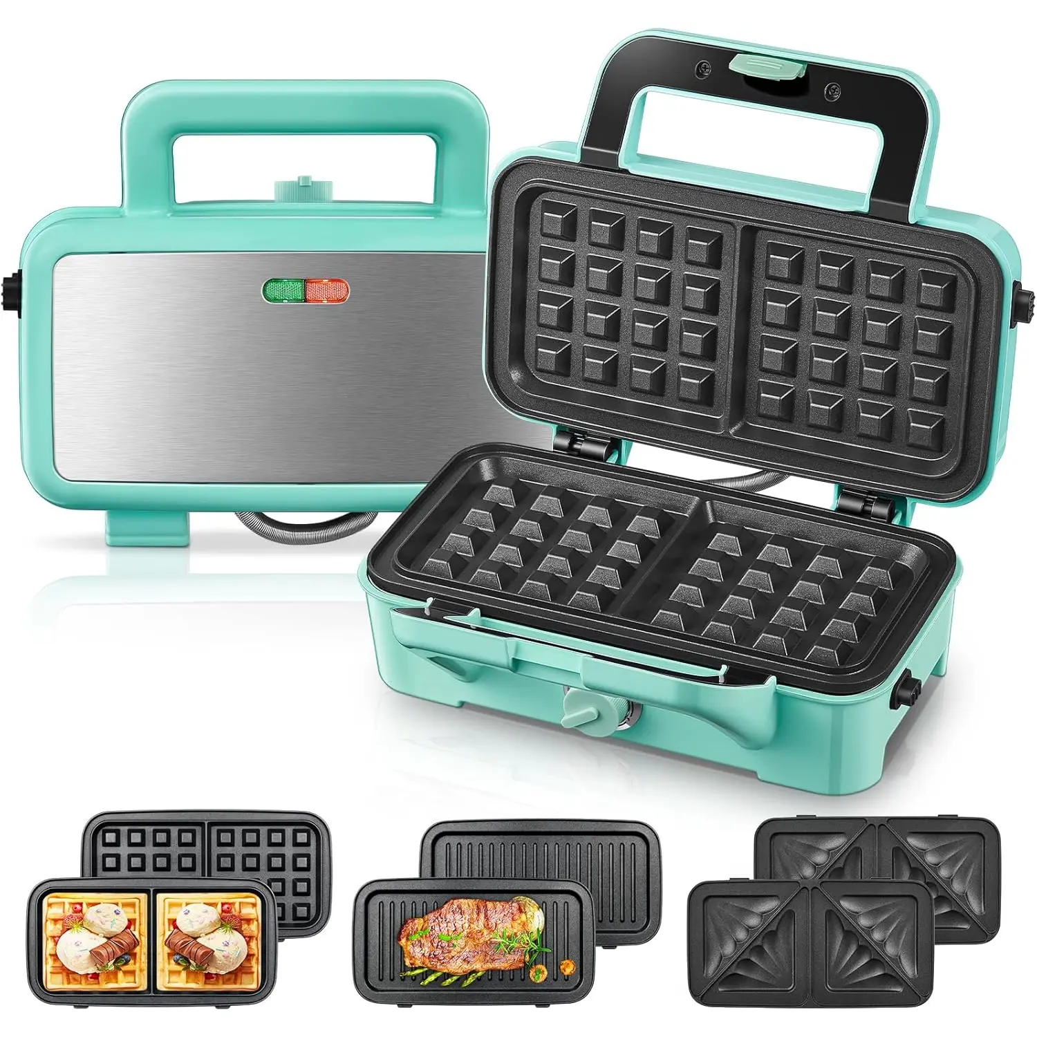 3-in-1 1200W Waffle Maker Sandwich Panini Press with Removable Plates, 5-Gear Temperature Control, Non-Stick Coating, LED Light, 11.2 * 9.0 * 4.6 In, Ideal for School, Family, Office Use, Blue