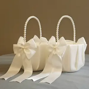 Pure Color Bow Pearl Handle Flower Girl Gifts Basket, Perfect for Halloween Christmas Party Decorations, Elegant Wedding Accessories
