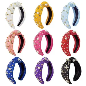 Beaded fabric headband with rhinestones, versatile hair accessory for women, high crown pearl knotted headband