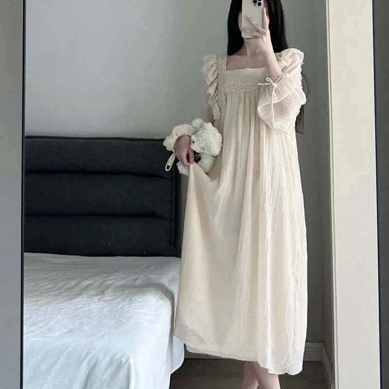 Lace Nightgown Sleepwear Women Korean Ruffles Night Dress Spring One Piece Pajamas  Long Sleeve Square Collar Home Wear 2024 New - TikTok Shop
