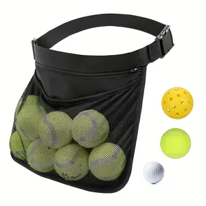 [Adjustable Ball Holder] 1pc Adjustable Tennis & Pickleball Ball Holder Waist Pouch |   Black Mesh Fanny Pack Carrier, Holds 8-10 Balls for Sports, Cycling, and Golf Accessories, Durable & Hand Washable