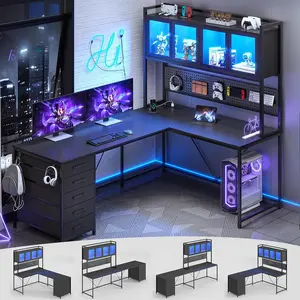 L Shaped Gaming Desk with Drawers, L Shaped Computer Desk with Hutch and Storage Shelves, Gaming Desk with Pegboard, Led Lights, and Power Outlet, Home Office Desk, Corner Desk