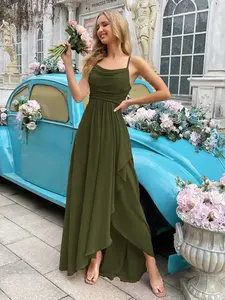 Elegant Olive Green Spaghetti Strap Bridesmaid Dress Ruched High Slit Formal Evening Gown for Wedding Party A-line Maxi Skirt Chiffon Fabric - Womenswear