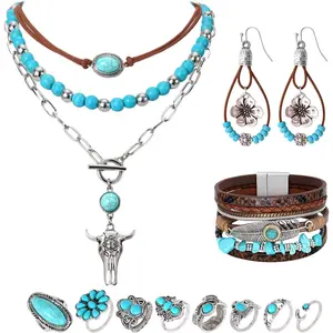 Bohemian Western Jewelry Set Turquoise Necklace Earrings Bracelets Rings Western Accessories for Women Cowgirl Gifts