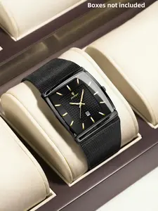 Poedagar rectangular dial men's watch waterproof night light date square Milan mesh stainless steel strap casual lightweight quartz watch Modern Waterproof Watch