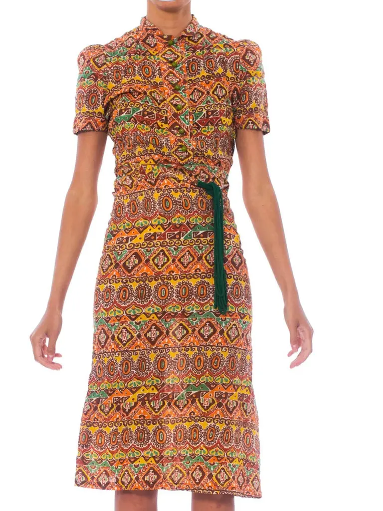 1940S Ethnic Medallion Printed Cotton Seersucker Button Front Dress With Tie Belt