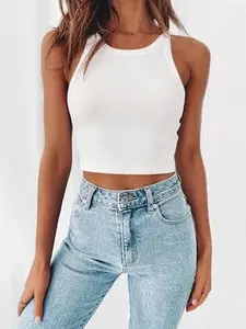 Solid Crop Tank Top, Casual Crew Neck Summer Sleeveless Top, Women's Clothing，Hot girls staple-XSY1