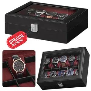 10-Slot Watch Organizer with Large Glass Lid, Removable Watch Pillows, Christmas Gift, Synthetic Leather, Black Lining, Transparent Cover