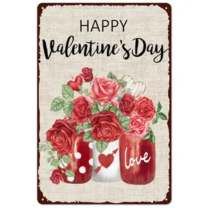 Valentine's Day Red Floral Rose Flower Iron Plaque  12 x 8 Inch for Club Bar Garage Home Living Room Bathroom Wall Decor funny metal tin  friend ideal gift accent humorous family lover sign warning decoration stuff wedding arrangement religious new house
