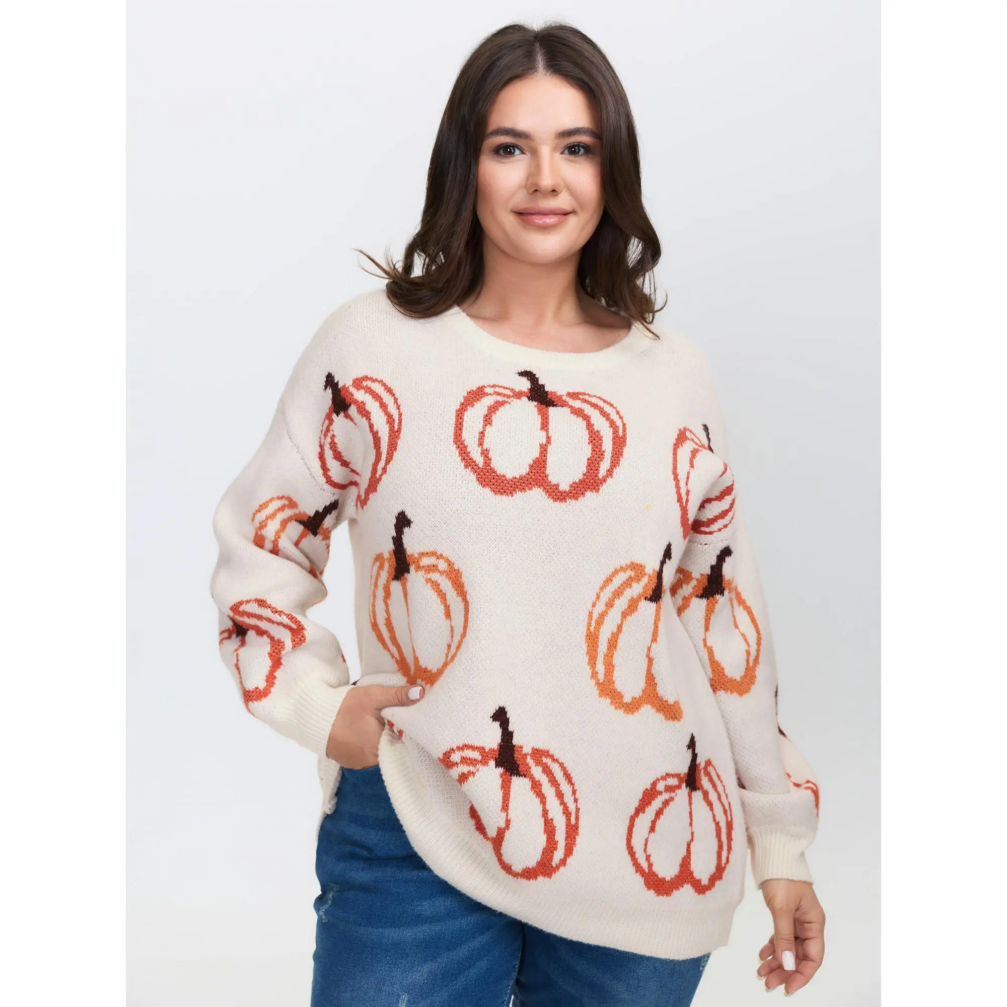 BloomChic Women's Plus Size Pumpkin Print Jacquard Knit Sweater - Long Sleeve Crew Neck, Soft Cute Relaxed Fit, Polyester Nylon Fabric, Hand Wash, Fall Pullover Knitwear, Plus Size Fashion, Curvy Clothing, Women's Tops, Thanksgiving Essential，SohoChic