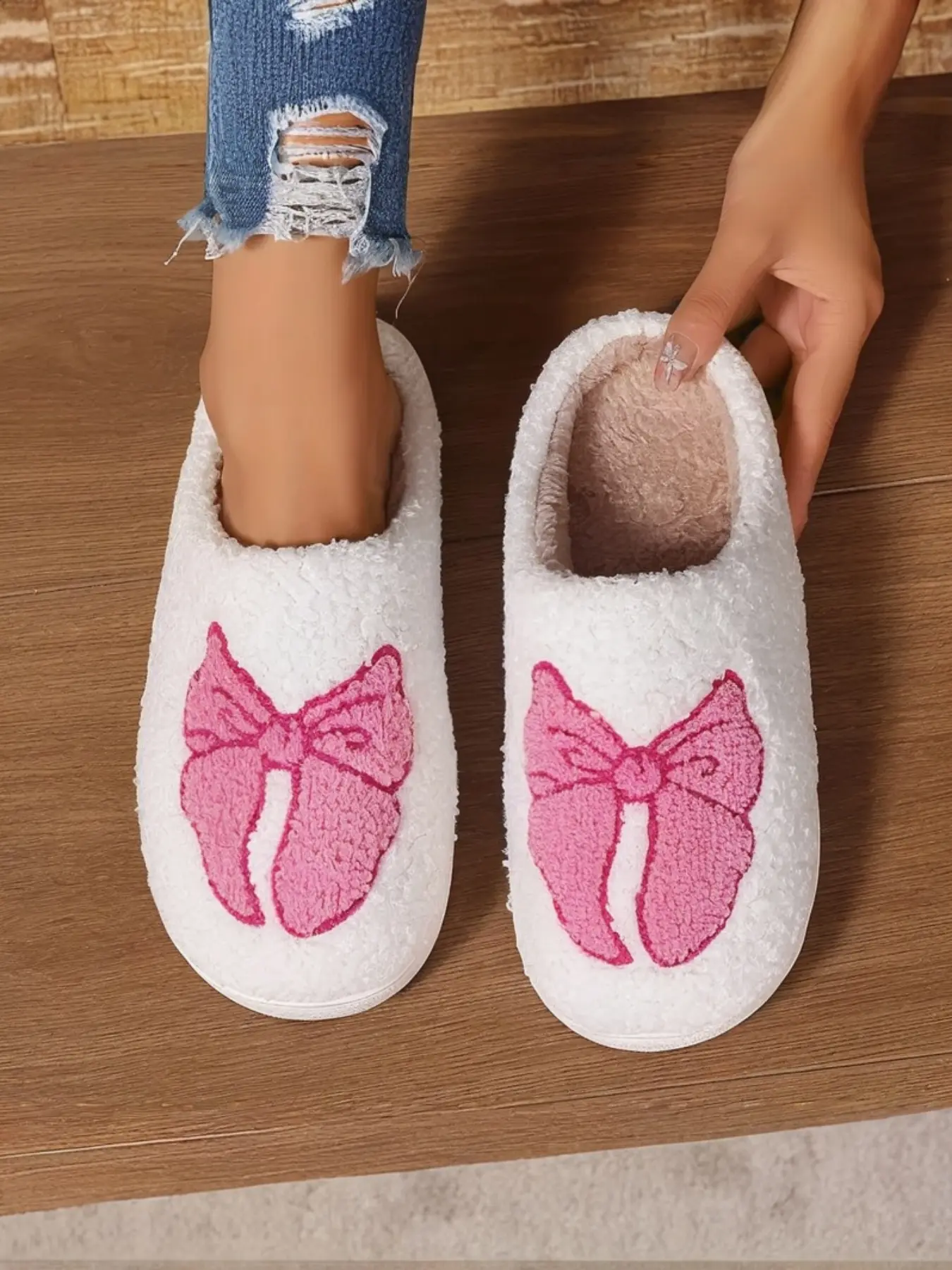 Women's Fall Winter Warm Home Slippers, Butterfly Knot Non-Slip Rubber Sole, Cotton Fabric, Casual Indoor Shoes, Medium Width