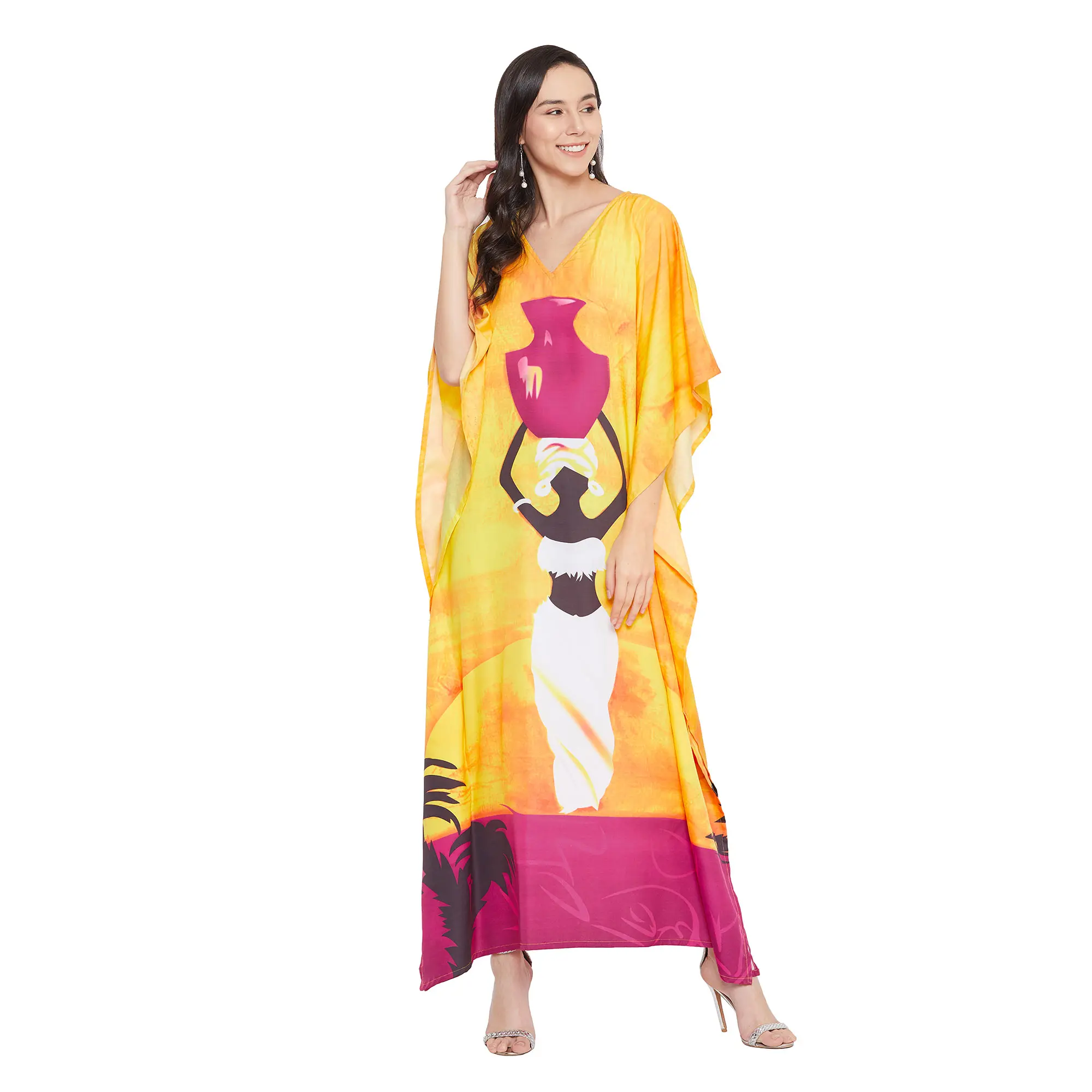 Gypsie Blu Vacation Wear Kaftan for Women Polyester Lady Tribal  Printed V-Neck Lightweight Breathable Comfortable Yellow Summer Caftan V-Neck One Size Fits Most