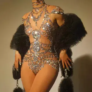 Rhinestone Bodysuit Club Outfits Sleeveless Bodycon Bodysuit High Neck Sparkly Rhinestone Romper(Shawl not included)