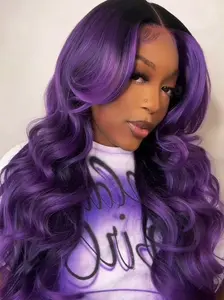 26 Inch Black Root Purple Body Wave Lace Front Wig Heat Resistant Synthetic Hair Soft & Lightweight Natural Parting Daily Wear Natural Fullness Fluffy Synthetic Wigs