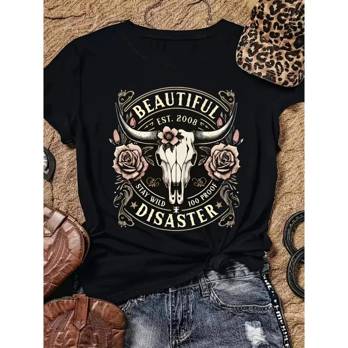 Women's Breathable Oversized Cotton Boxy Short-Sleeve Western Cowboy T-Shirt - Black, Bull Skull Floral Design, Vintage 2008 Text, Casual Chic Athletic Spring Summer Outdoor Tee, Country Concert Outfit, Thanksgiving, Easter, Valentine's Day, Top, Western,